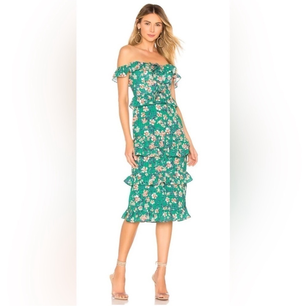 Tularosa Lily Ruffle Midi Floral Dress, Green, Size Large k2